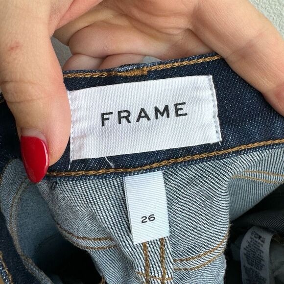 Frame Denim Le High Straight Solid Dark Wash Raw Step Hem Bronx Chew Size 26 - Picture 8 of 9